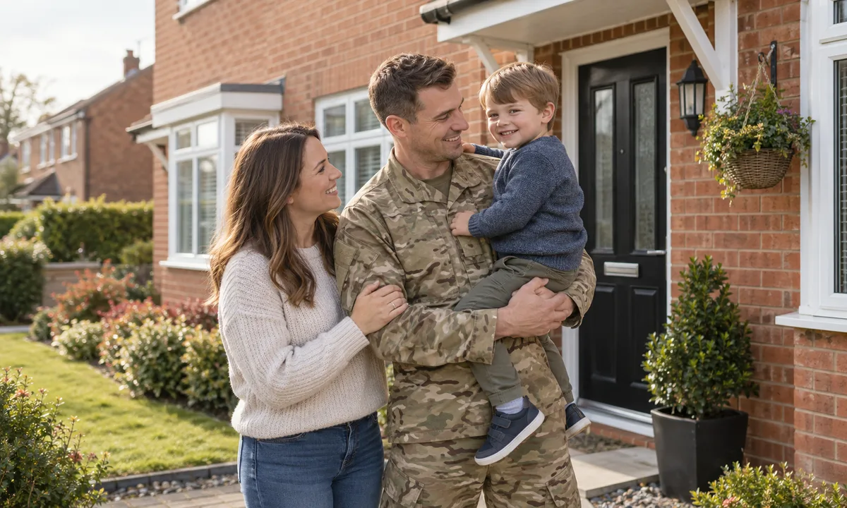 Illustrative image of a service member with their family outside a British home
