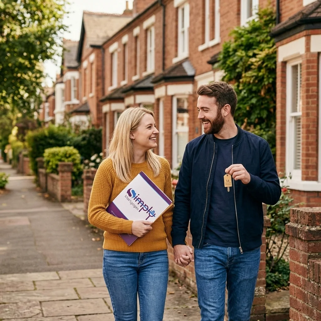 Happy couple with Simply Mortgages folder and new house keys