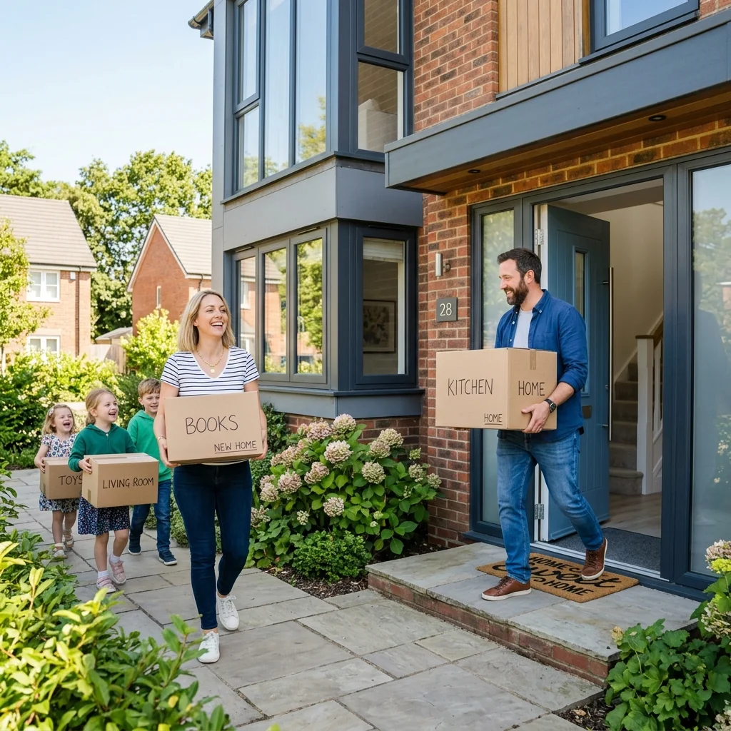 Happy family moving into their new home