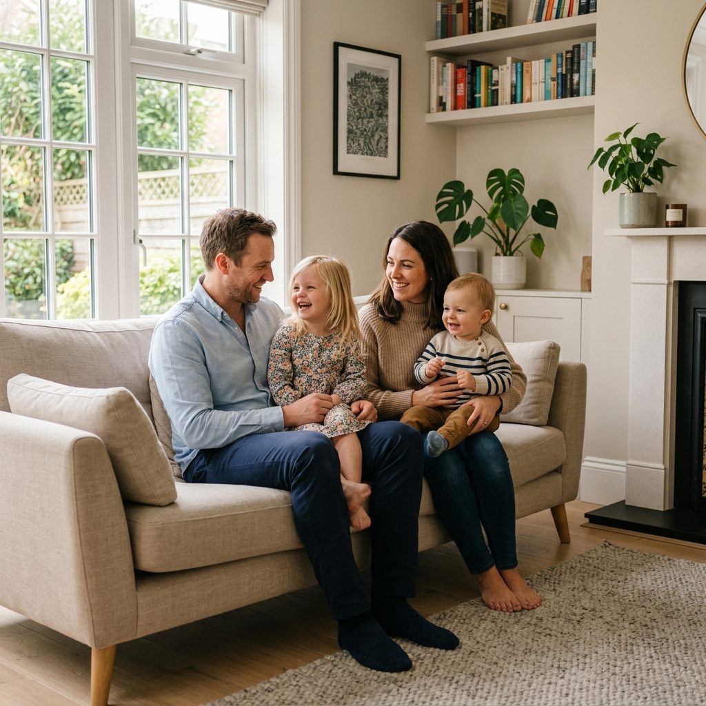 A family at home, protected by life insurance