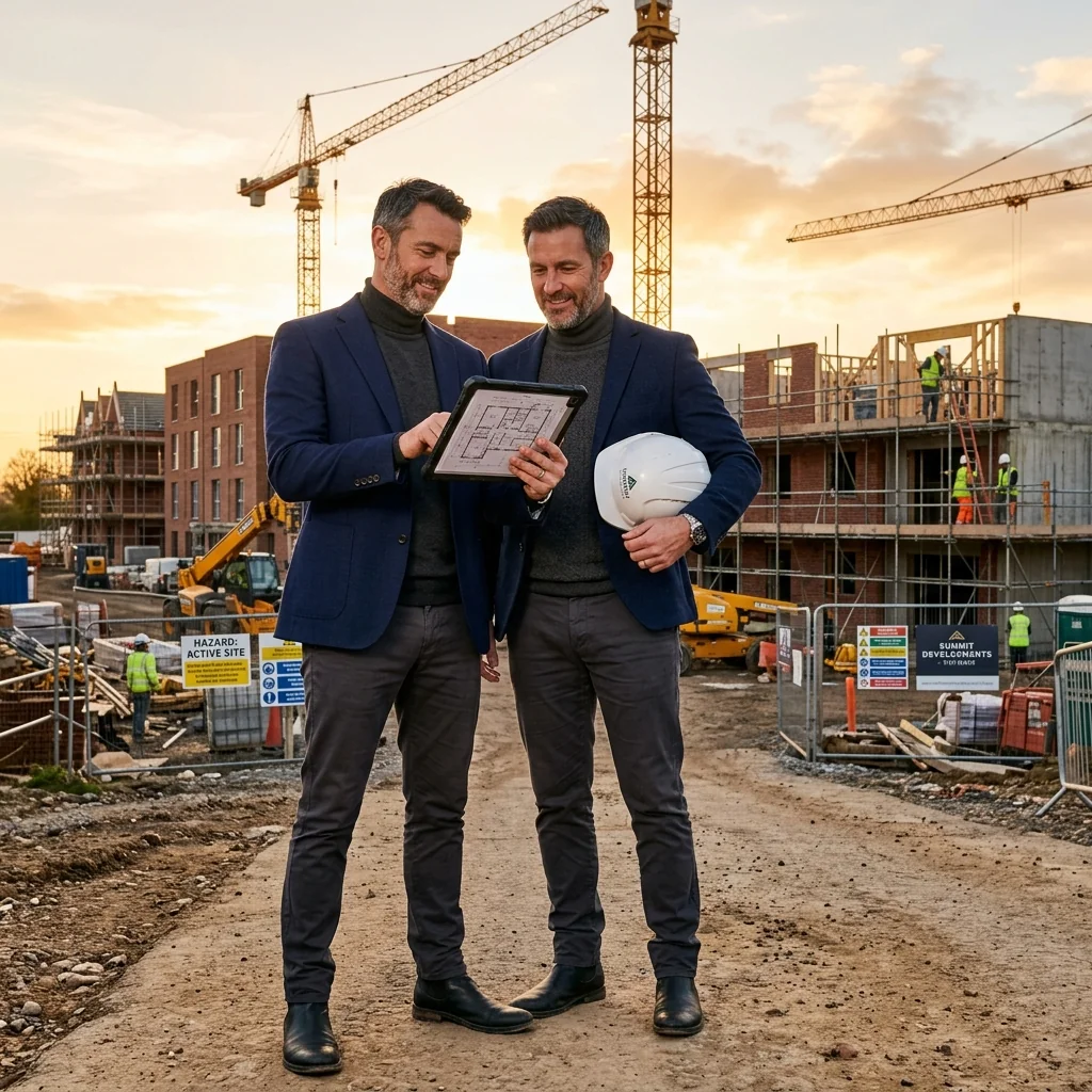 Property developer reviewing plans on construction site