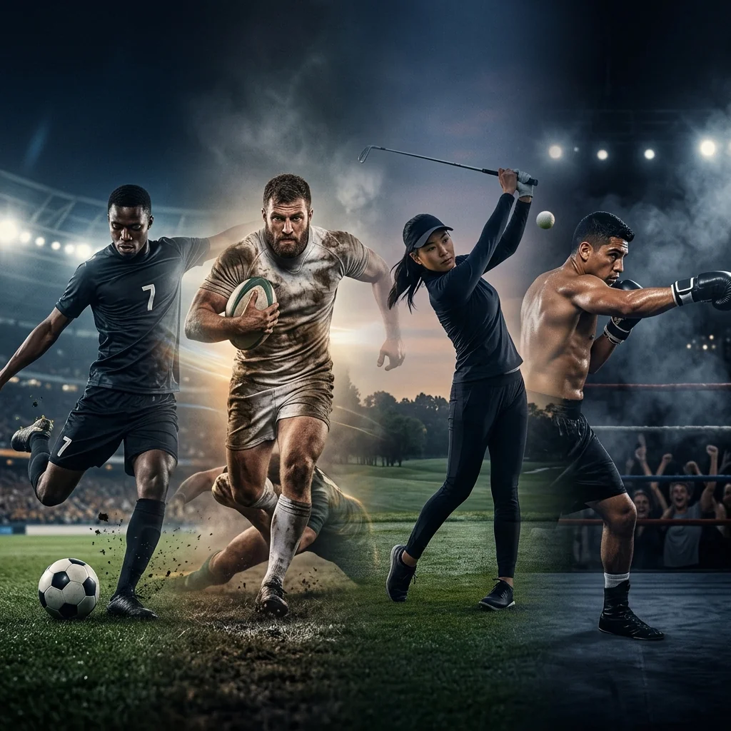 Collage of professional sports including football, rugby, golf and boxing